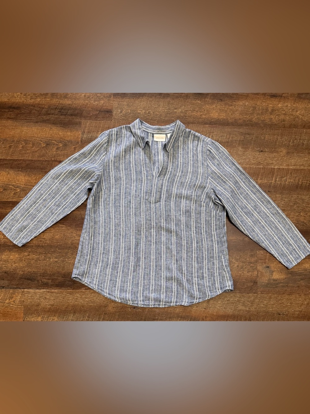 Chicos Linen Blend Striped Popover Blouse Womens Size 2 Blue 3/4 Sleeve Top